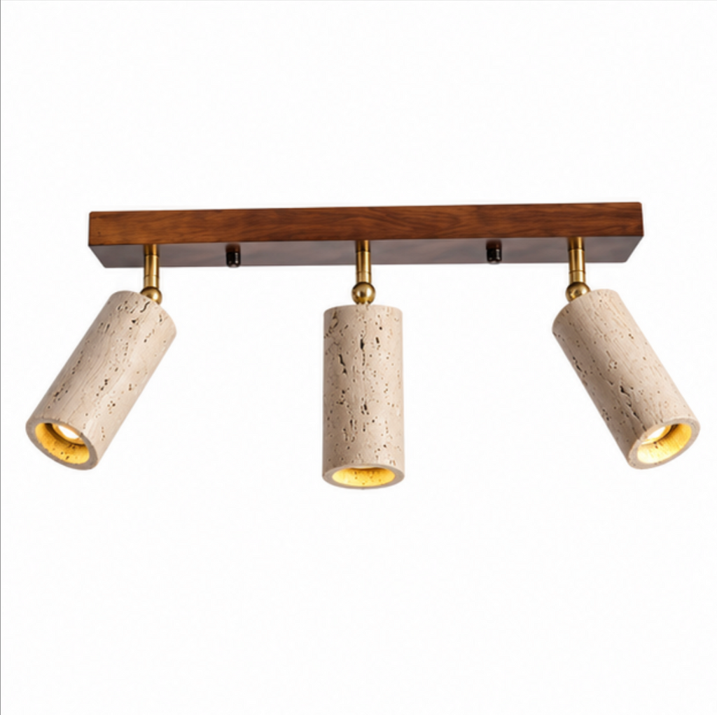 Plafonnier à 3 ou 4 spots en bois et travertin