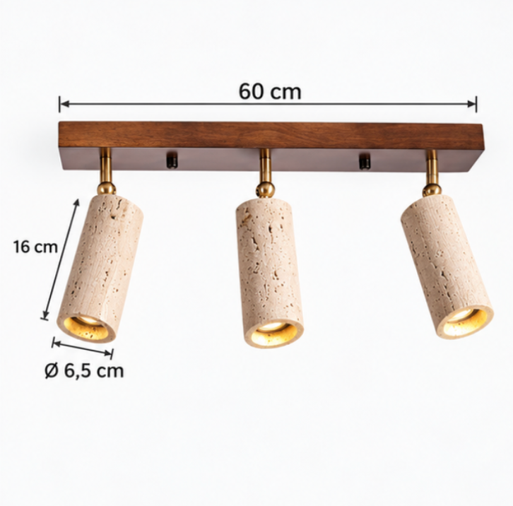 Plafonnier à 3 ou 4 spots en bois et travertin