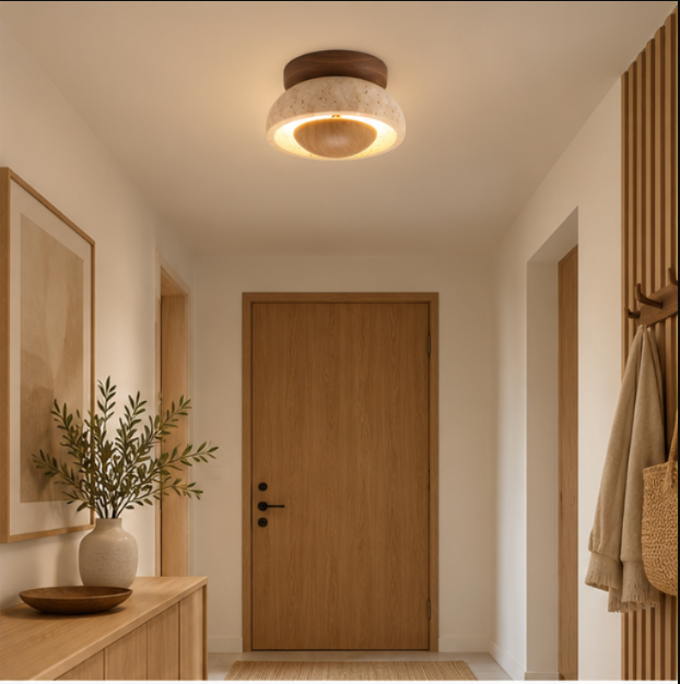 Plafonnier en bois et travertin avec éclairage circulaire