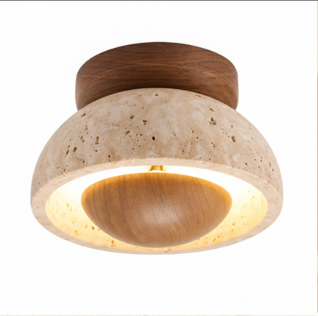 Plafonnier en bois et travertin avec éclairage circulaire