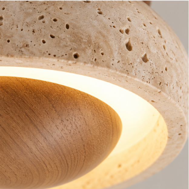 Plafonnier en bois et travertin avec éclairage circulaire