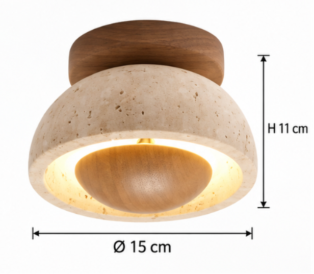 Plafonnier en bois et travertin avec éclairage circulaire