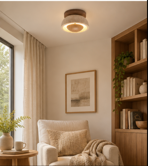 Plafonnier en bois et travertin avec éclairage circulaire