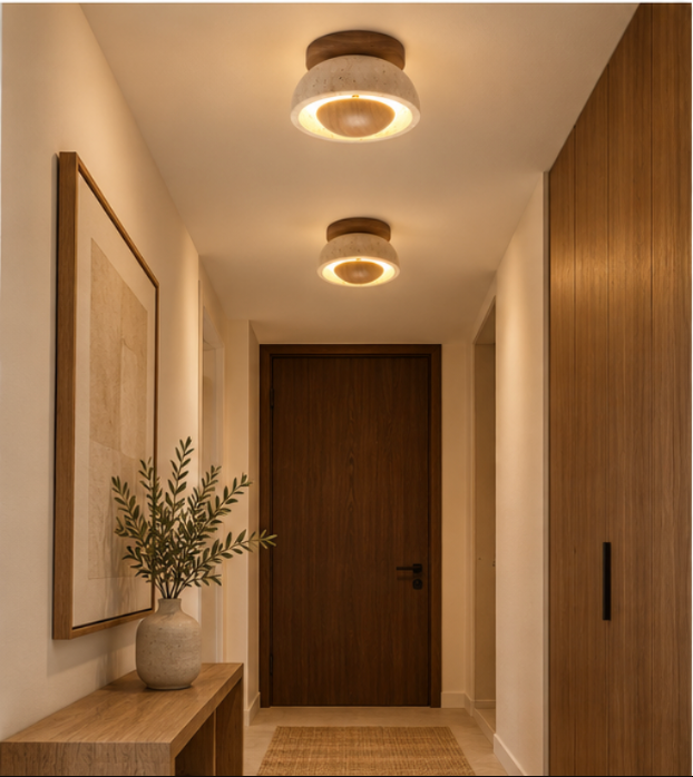Plafonnier en bois et travertin avec éclairage circulaire
