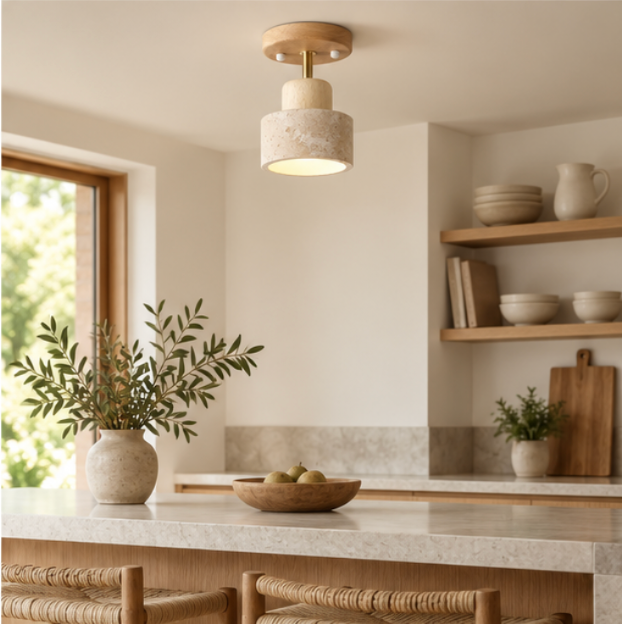 Plafonnier en bois et travertin au format compact