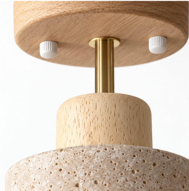 Plafonnier en bois et travertin au format compact
