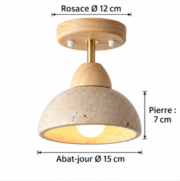 Plafonnier en bois et travertin à abat-jour arrondi