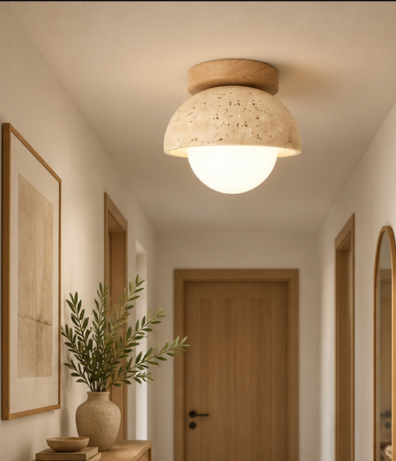 Plafonnier en travertin avec globe lumineux – Ø15 cm