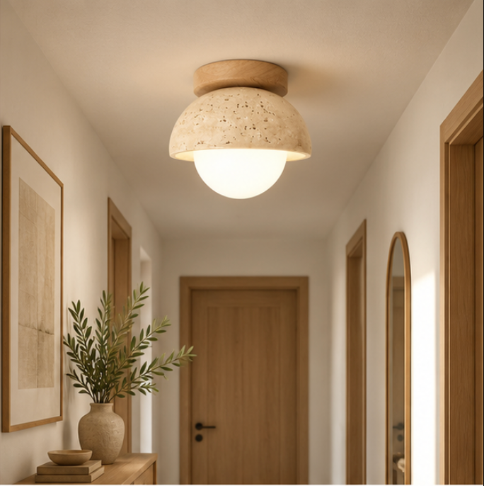 Plafonnier en travertin avec globe lumineux – Ø15 cm