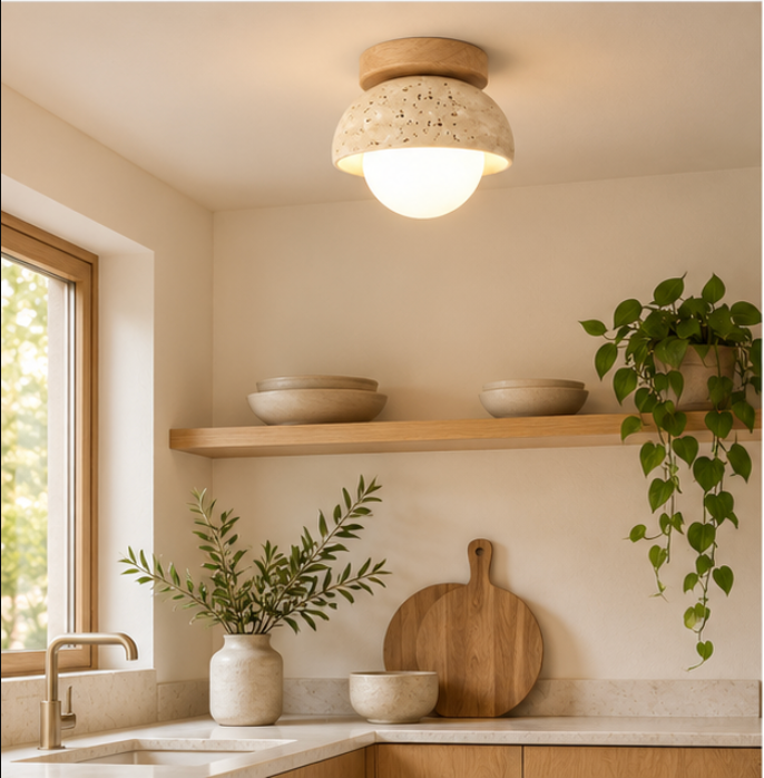 Plafonnier en travertin avec globe lumineux – Ø15 cm