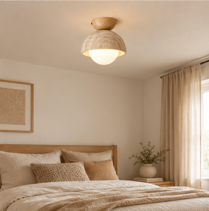 Plafonnier en bois et travertin avec globe lumineux