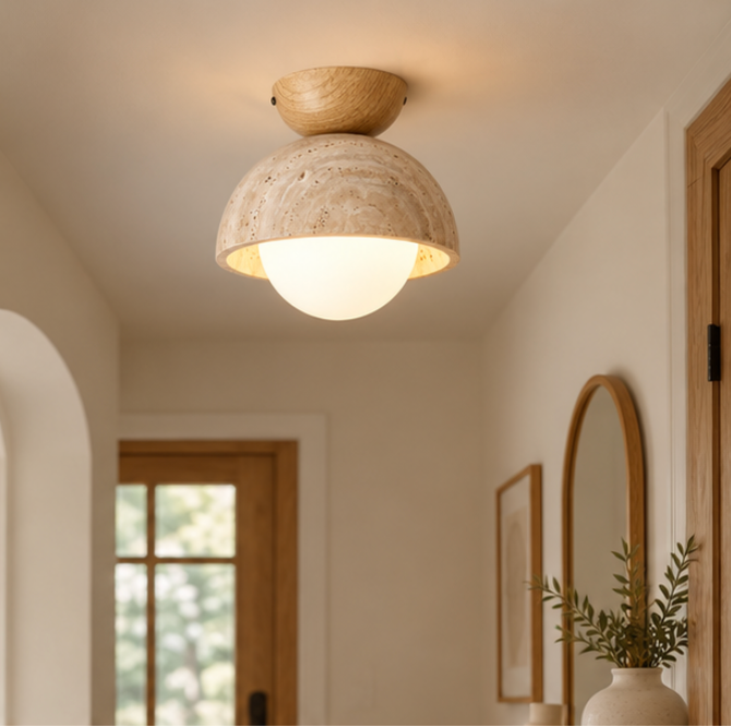 Plafonnier en bois et travertin avec globe lumineux