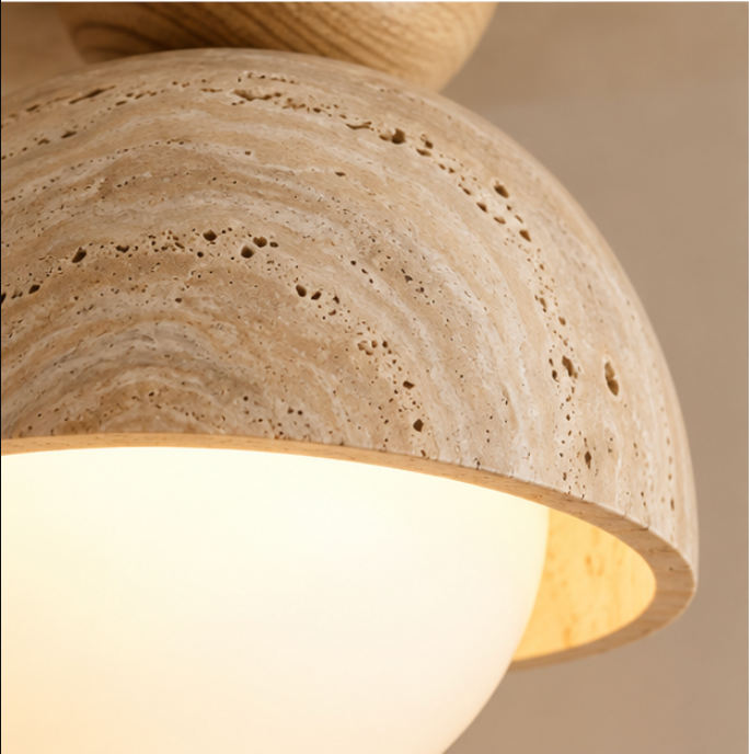 Plafonnier en bois et travertin avec globe lumineux
