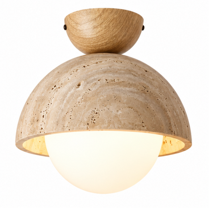 Plafonnier en bois et travertin avec globe lumineux