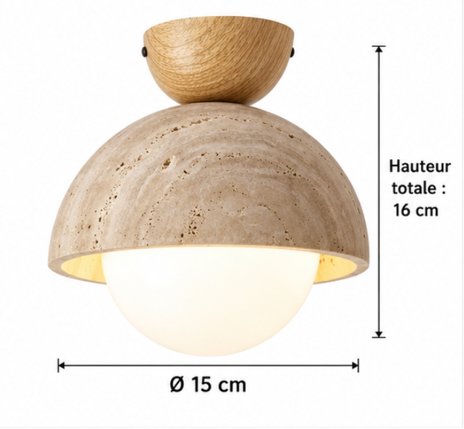 Plafonnier en bois et travertin avec globe lumineux