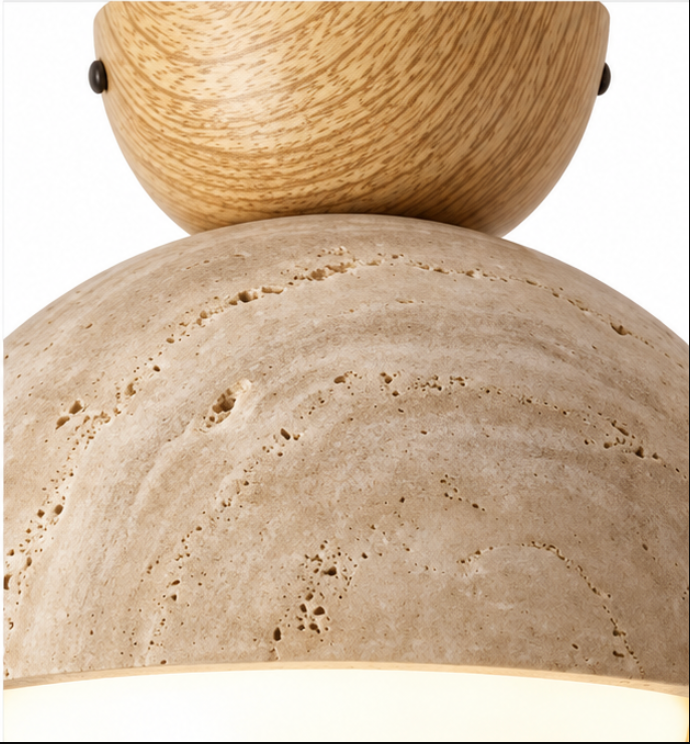 Plafonnier en bois et travertin avec globe lumineux
