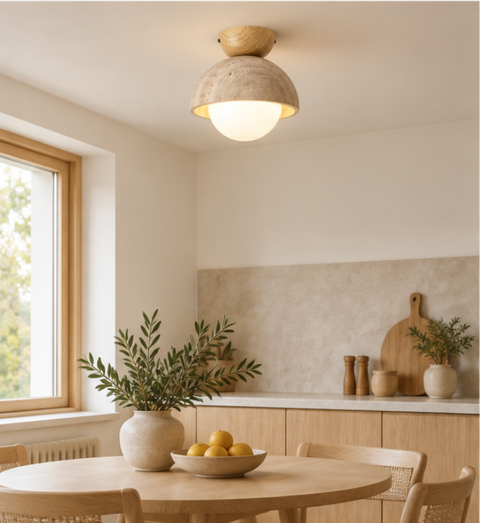 Plafonnier en bois et travertin avec globe lumineux