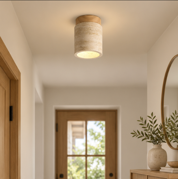 Plafonnier cylindrique en bois et travertin