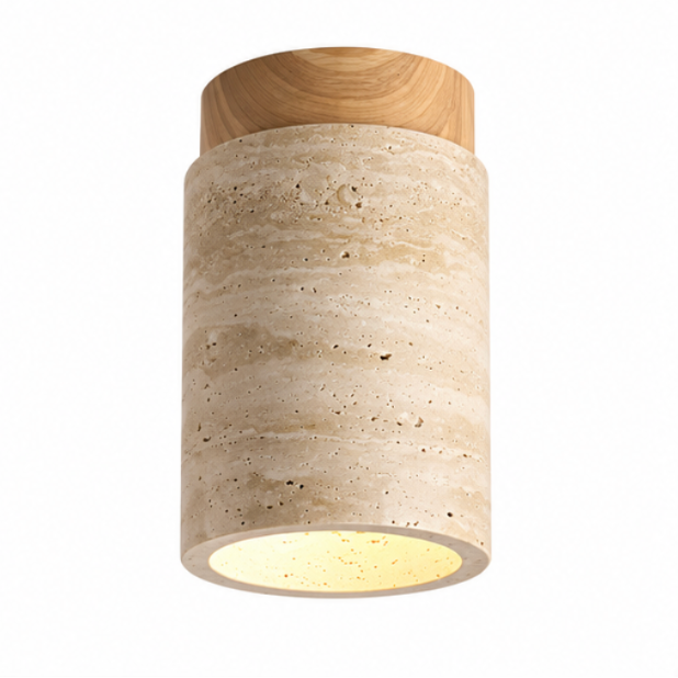 Plafonnier cylindrique en bois et travertin