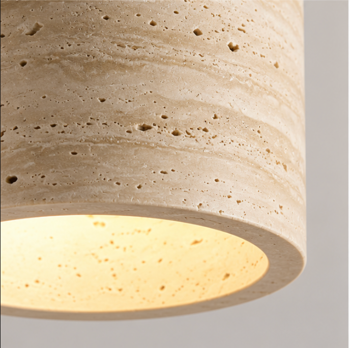 Plafonnier cylindrique en bois et travertin