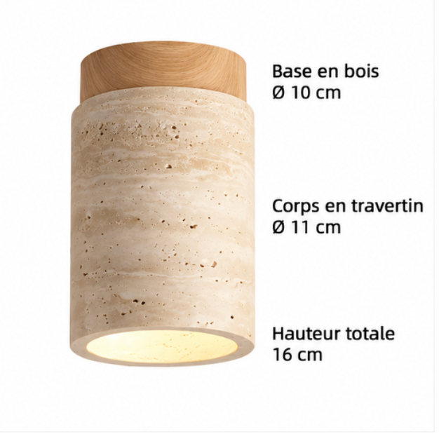 Plafonnier cylindrique en bois et travertin