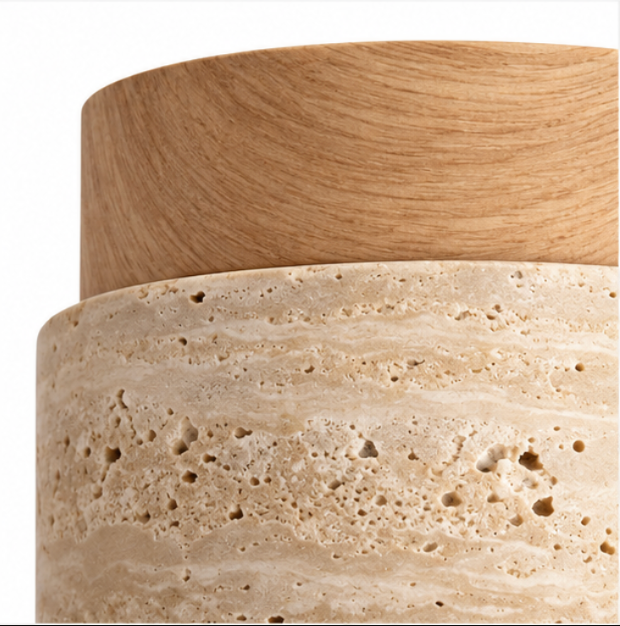 Plafonnier cylindrique en bois et travertin
