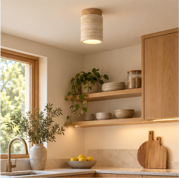 Plafonnier cylindrique en bois et travertin