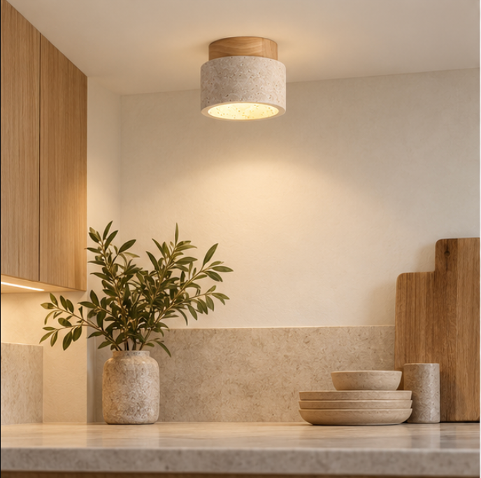 Plafonnier en bois et travertin au design nordique
