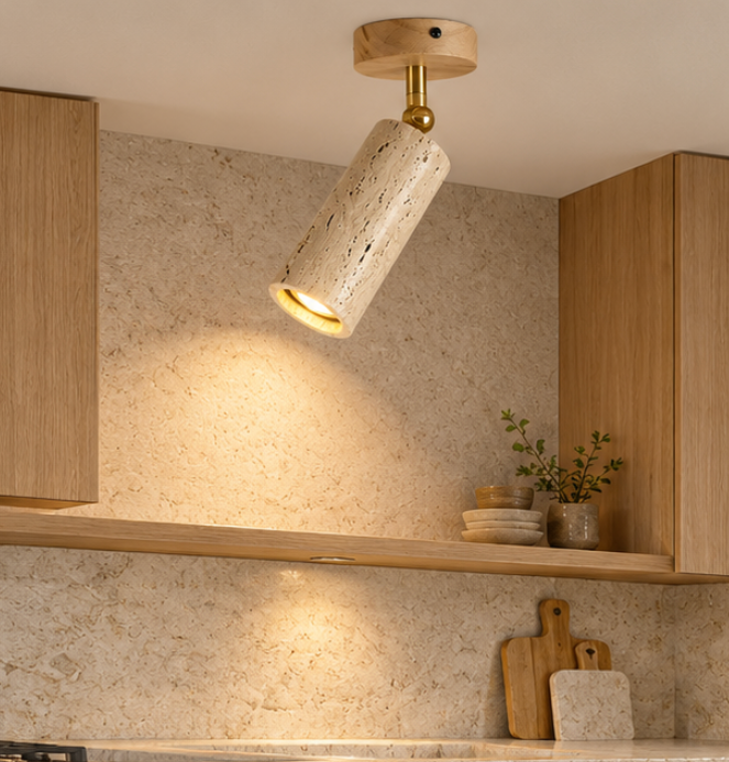 Spot plafonnier orientable en bois et travertin