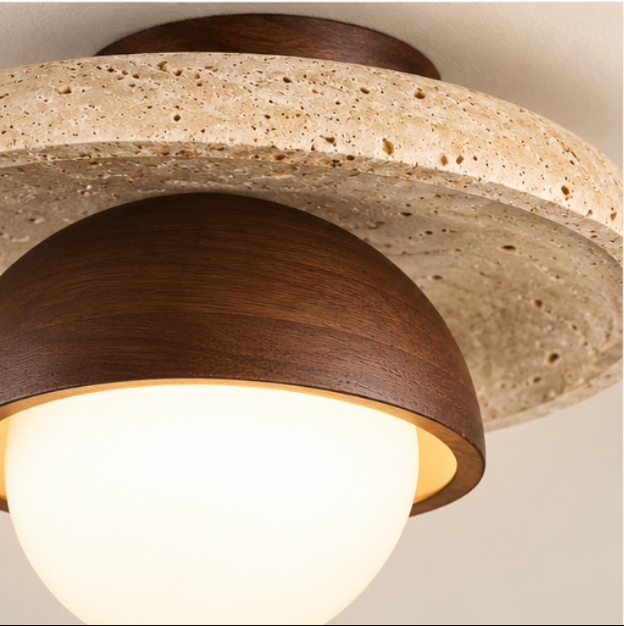 Plafonnier Wabi-sabi en bois et céramique – Ø25 cm