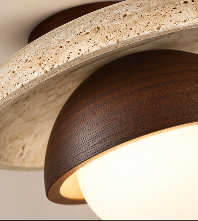 Plafonnier Wabi-sabi en bois et céramique – Ø25 cm