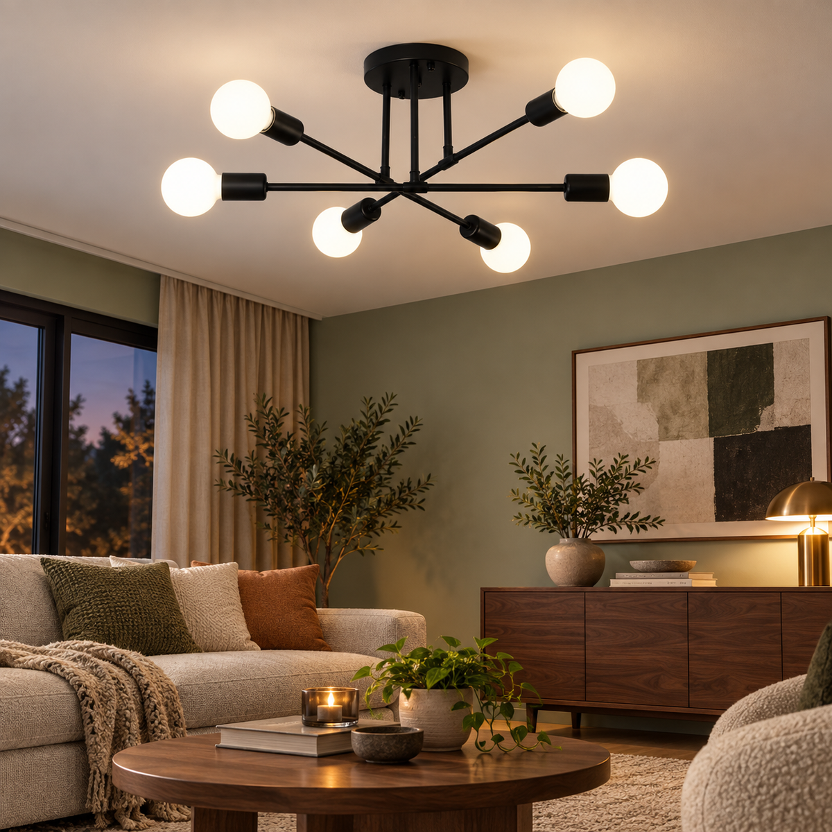 Plafonnier design à 6 lumières avec bras croisés