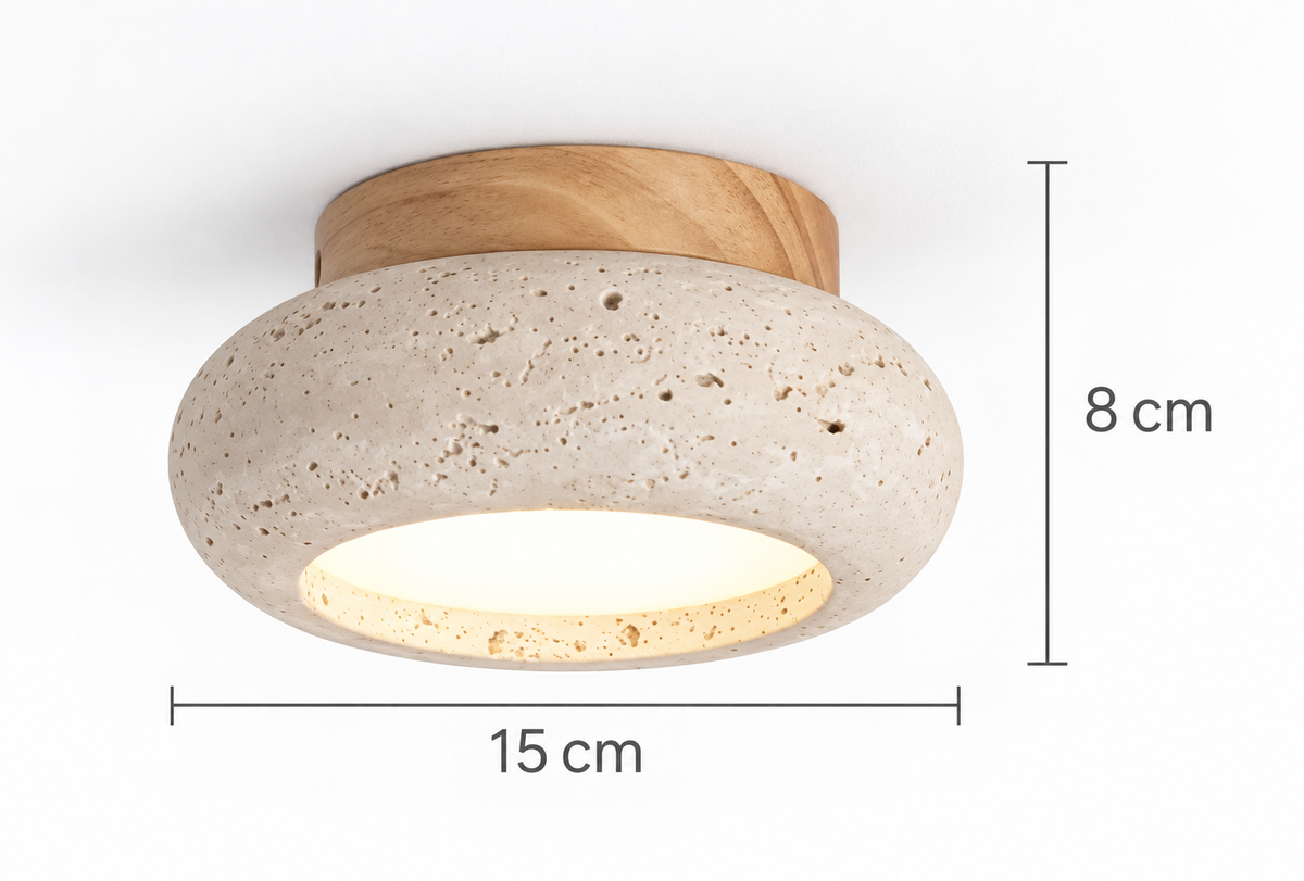 Plafonnier en bois et travertin à forme arrondie