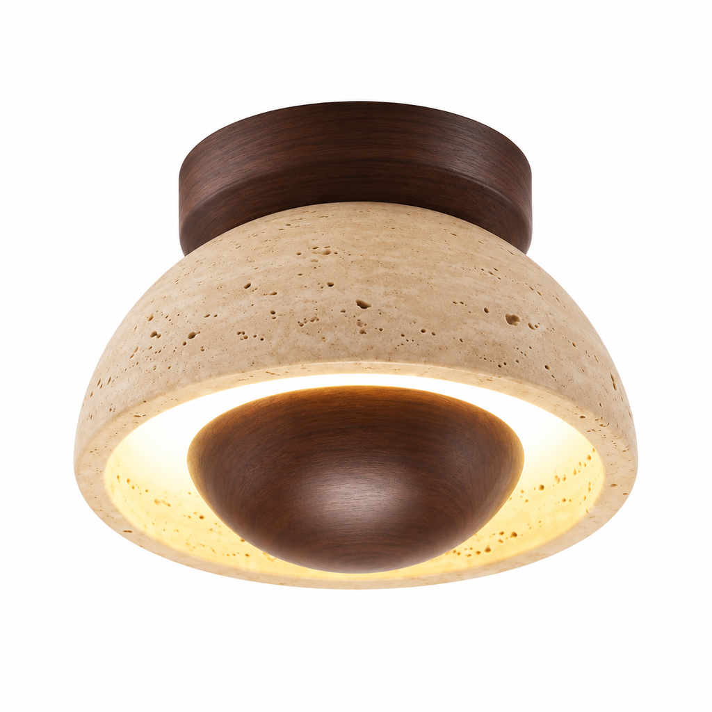Plafonnier en bois et travertin avec éclairage circulaire
