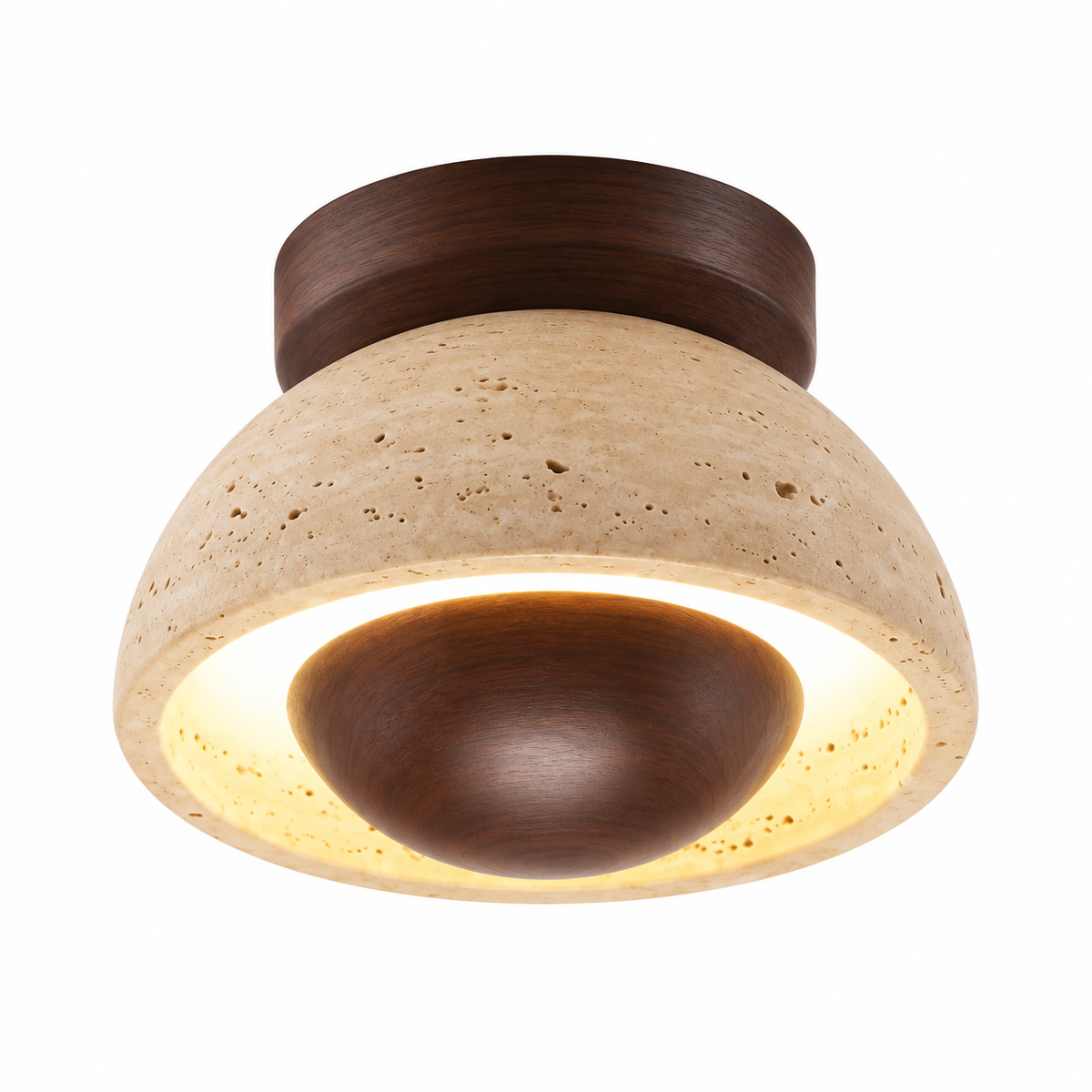Plafonnier en bois et travertin avec éclairage circulaire