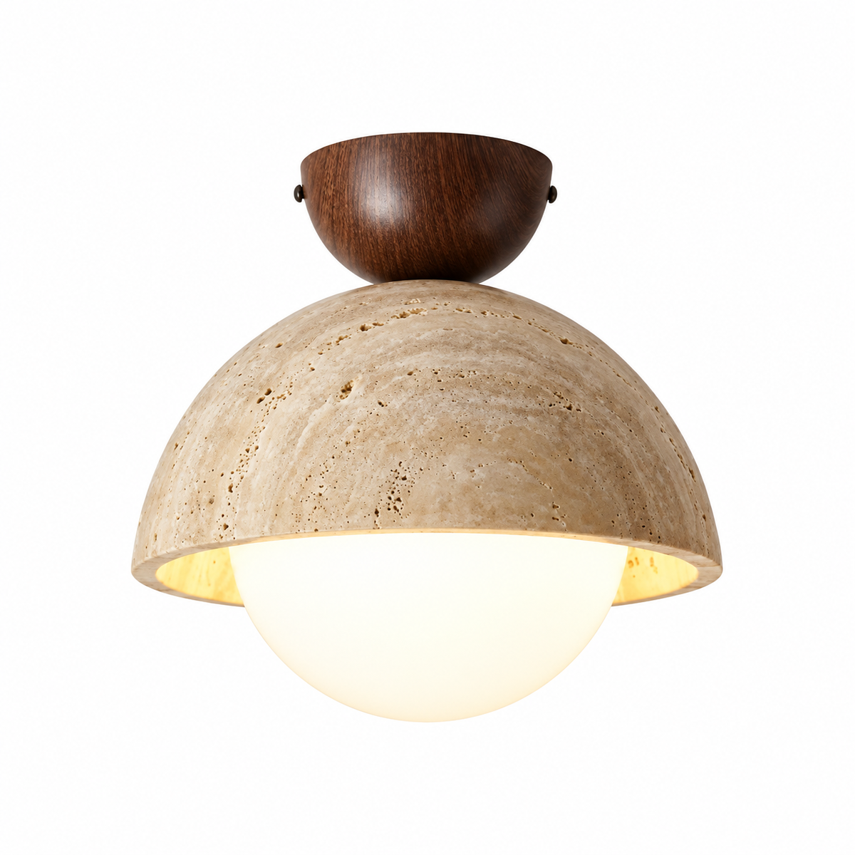 Plafonnier en bois et travertin avec globe lumineux