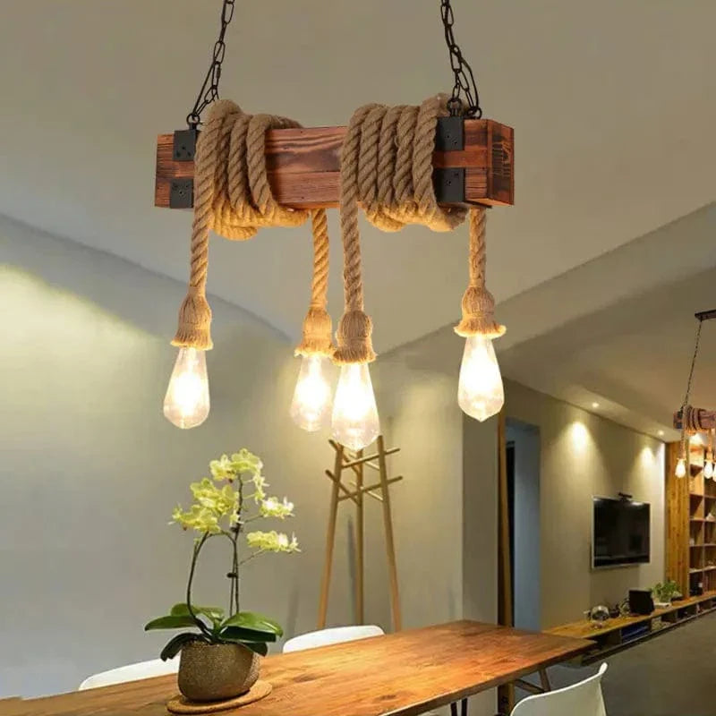 4 head no bulb / CHINA Lustre en bois avec corde